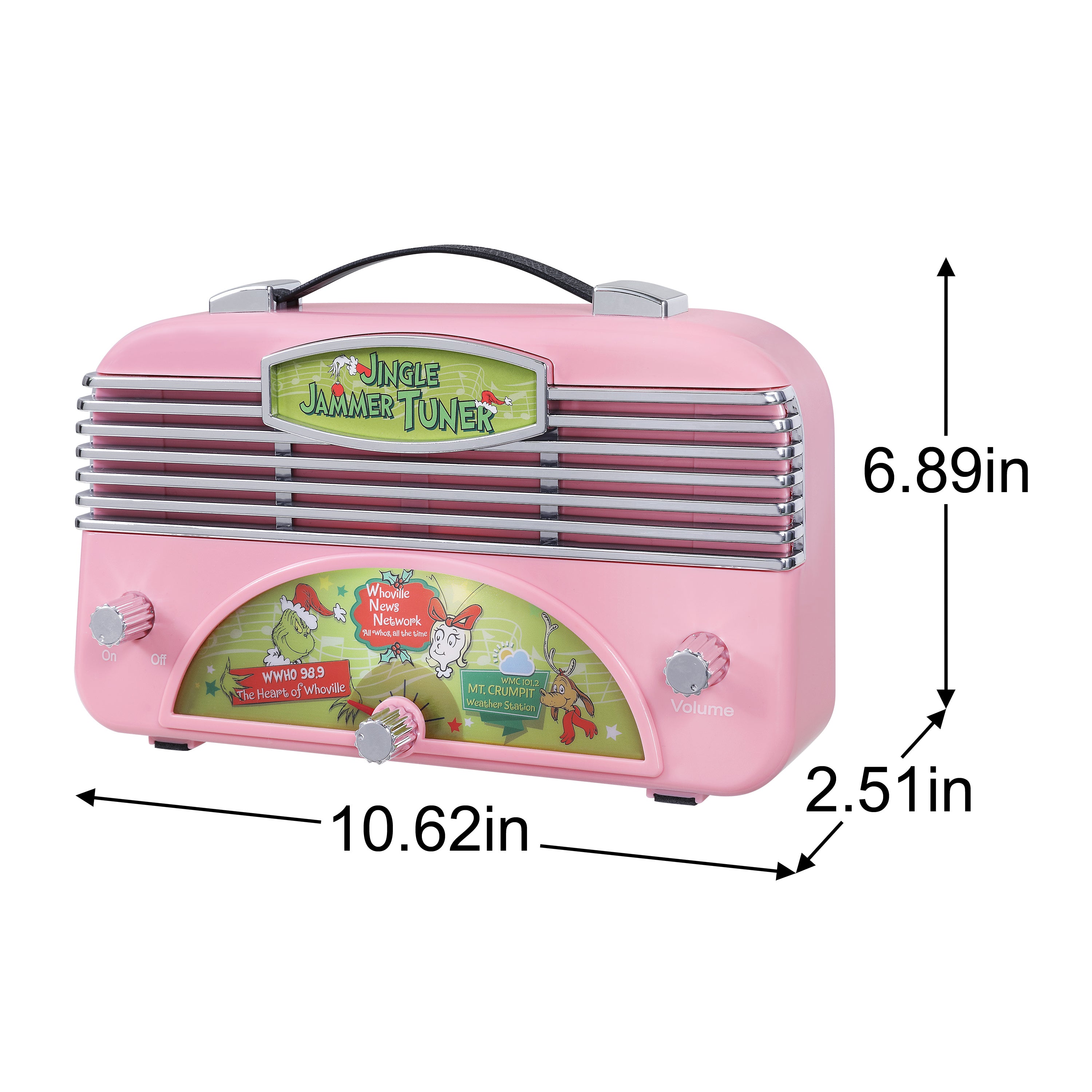 Pink retro-style toy grinch radio labeled 'Jungle Jammer Tuner' with dimension arrows and measurements showing width 10.62 in, height 6.