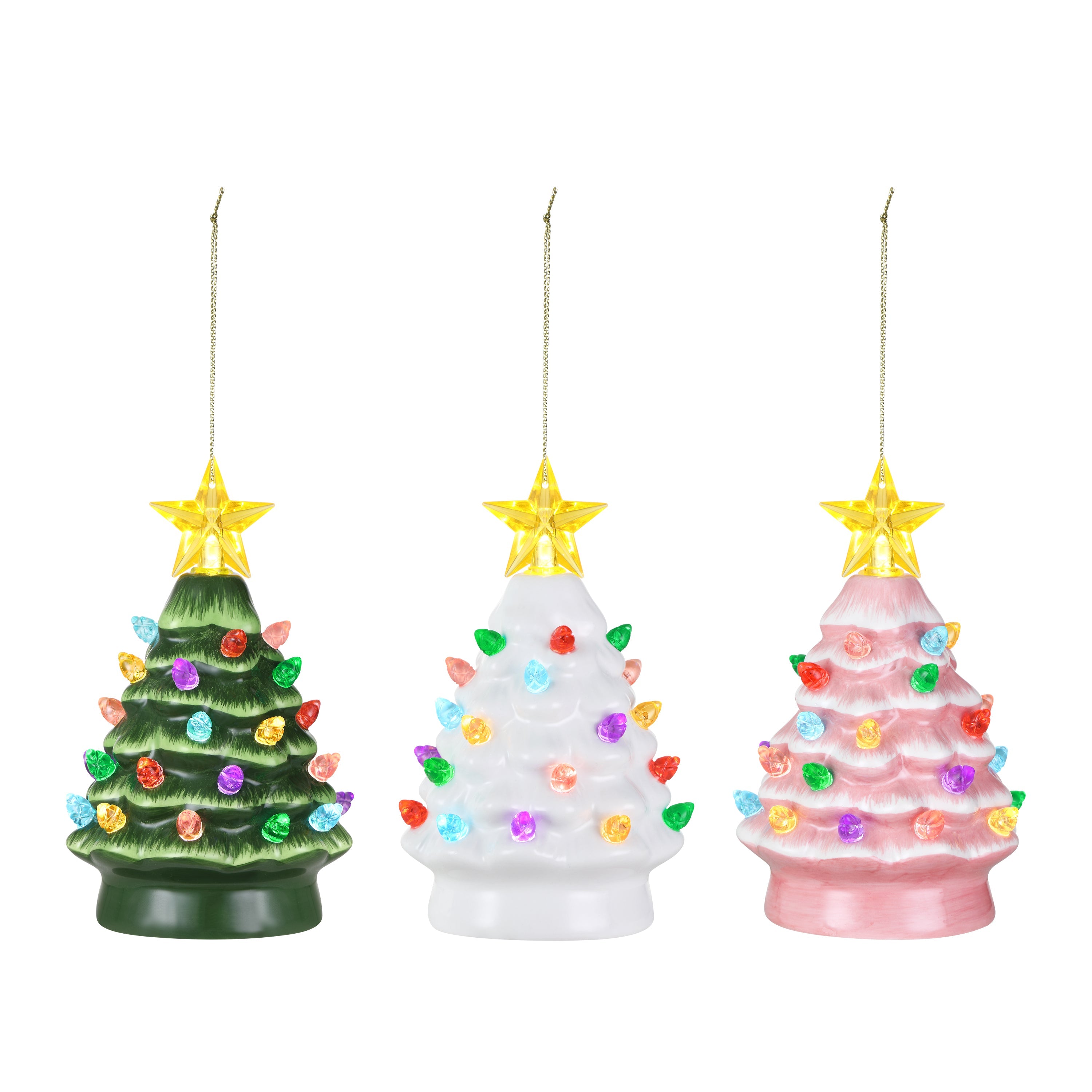 Three ceramic Christmas tree ornaments in green, white, and pink with colorful lights on a white background.