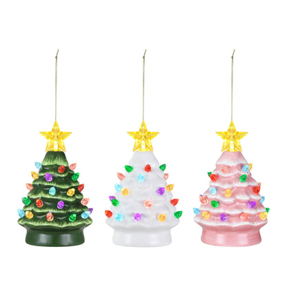 Three ceramic Christmas tree ornaments in green, white, and pink with colorful lights on a white background.