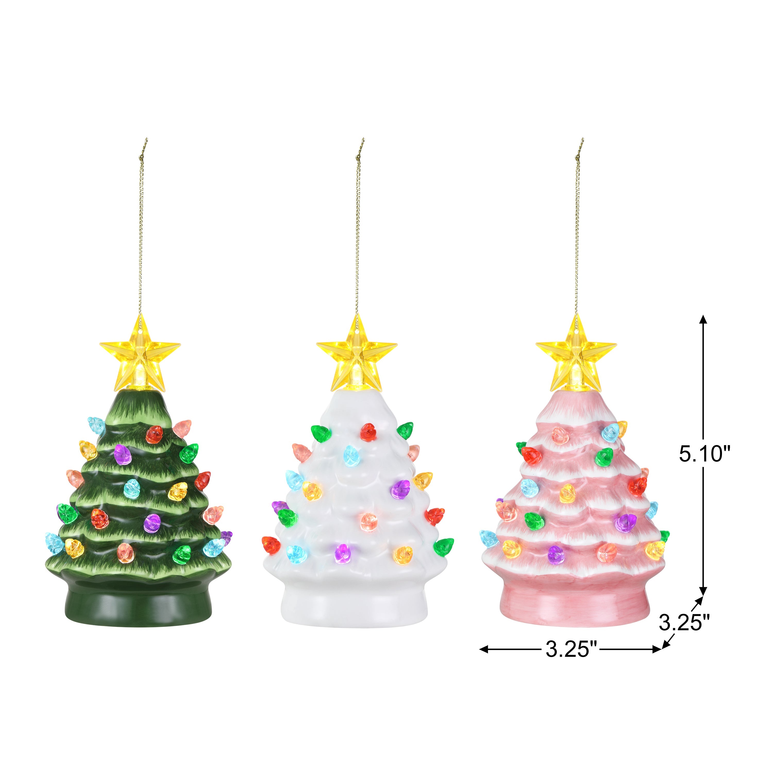 Three Christmas tree ornaments with lights and stars, shown with measurements on a white background.