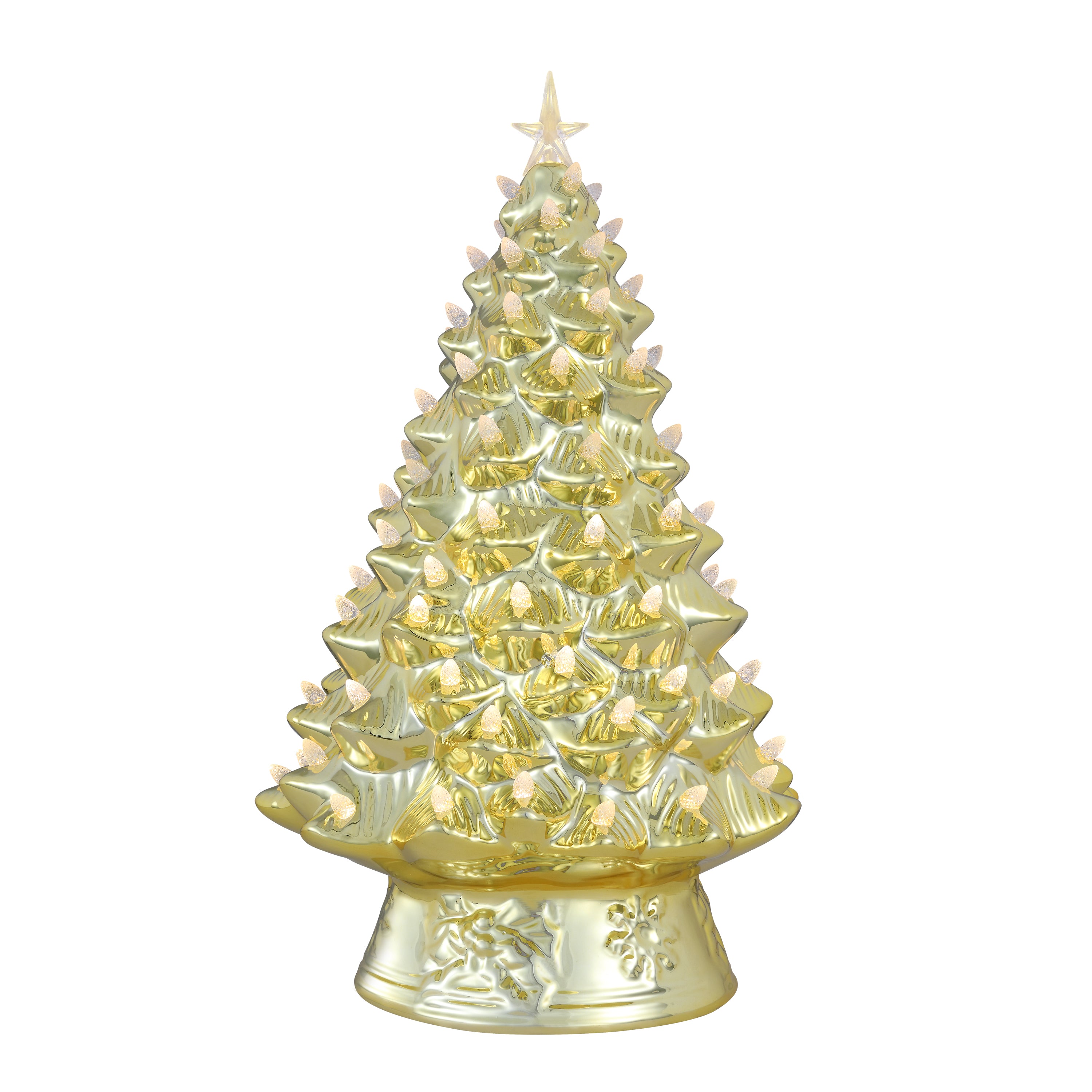 A gold-colored Christmas tree light with multiple lit bulbs and a star on top, set against a plain white background.