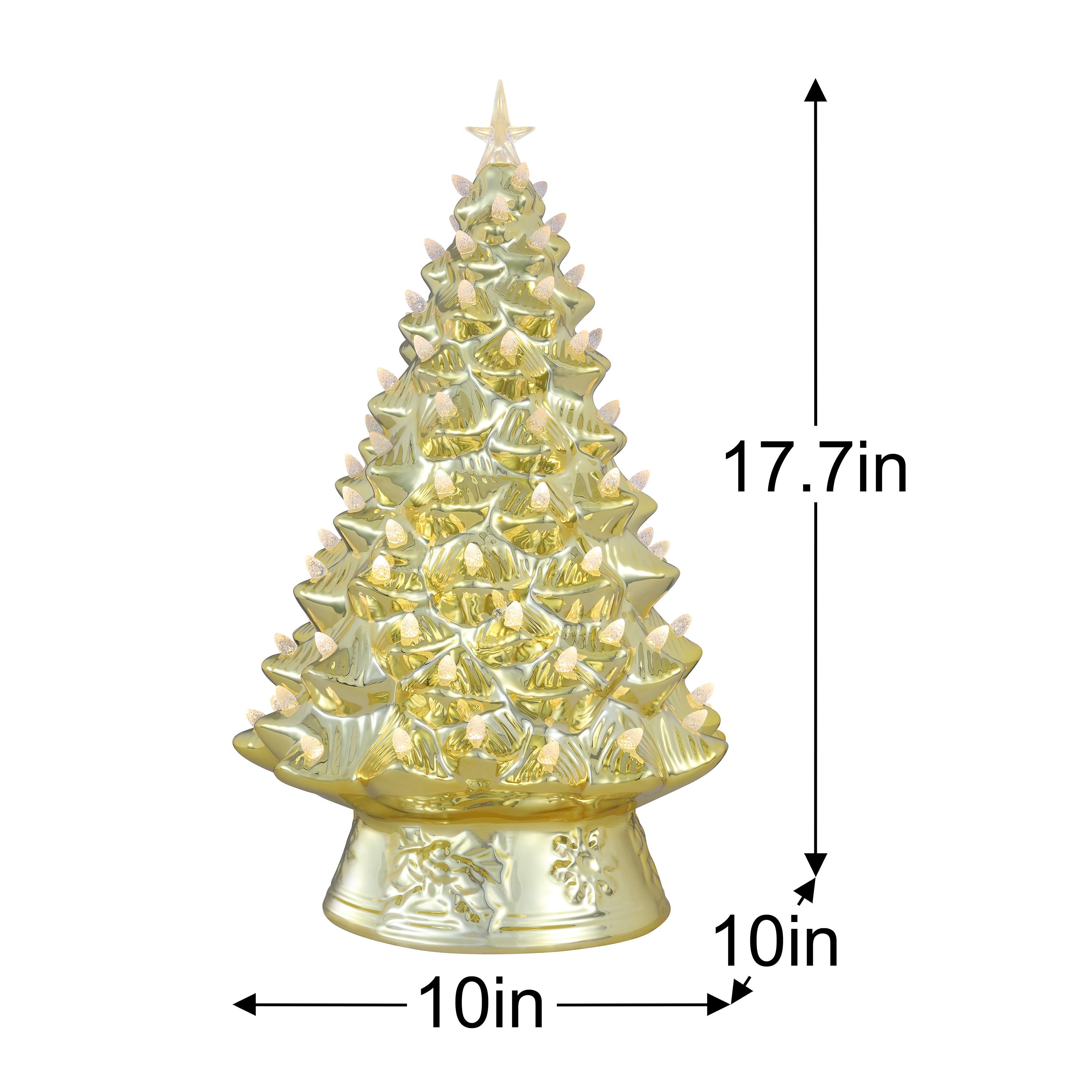 A gold-colored miniature Christmas tree with built-in warm white lights, shown with dimension annotations indicating a height of 17.7 inches, a base width of 10 inches, and a base depth of 10 inches on a plain white background.