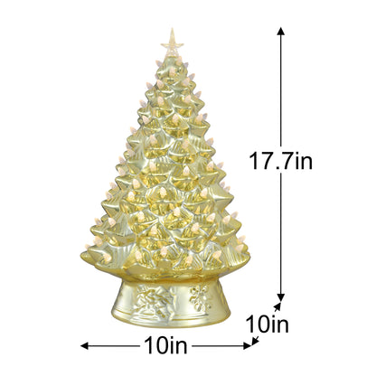 A gold-colored miniature Christmas tree with built-in warm white lights, shown with dimension annotations indicating a height of 17.7 inches, a base width of 10 inches, and a base depth of 10 inches on a plain white background.