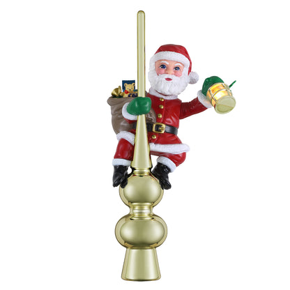 A Santa Claus Christmas tree topper featuring a detailed Santa figure in a red suit with white fur trim, sitting on a metallic gold finial and holding a sack of gifts and a small gold bell, isolated on a white background.