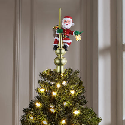 Santa tree topper on top of a christmas tree with lights