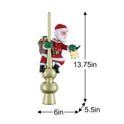 A gold Christmas tree topper featuring a Santa Claus figurine sitting on a shiny gold finial, with dimension arrows and labels showing 13.75 inches tall, 6 inches wide, and 5.