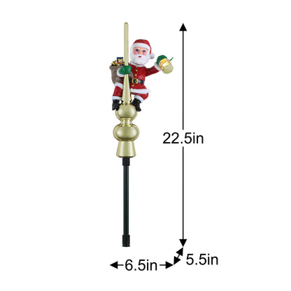 A Christmas tree topper featuring a Santa Claus figure mounted on a tall gold finial and black pole, with dimension arrows and labels showing 22.5 in height, 6.