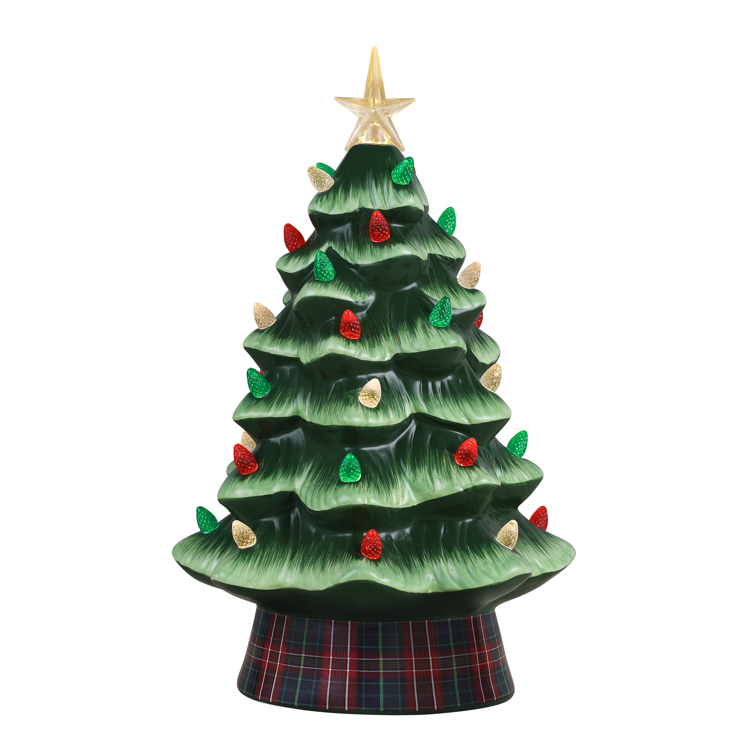 A ceramic Christmas tree figurine with a textured green body, decorated with red, green, and gold ornaments, topped with a gold star and set on a plaid base.