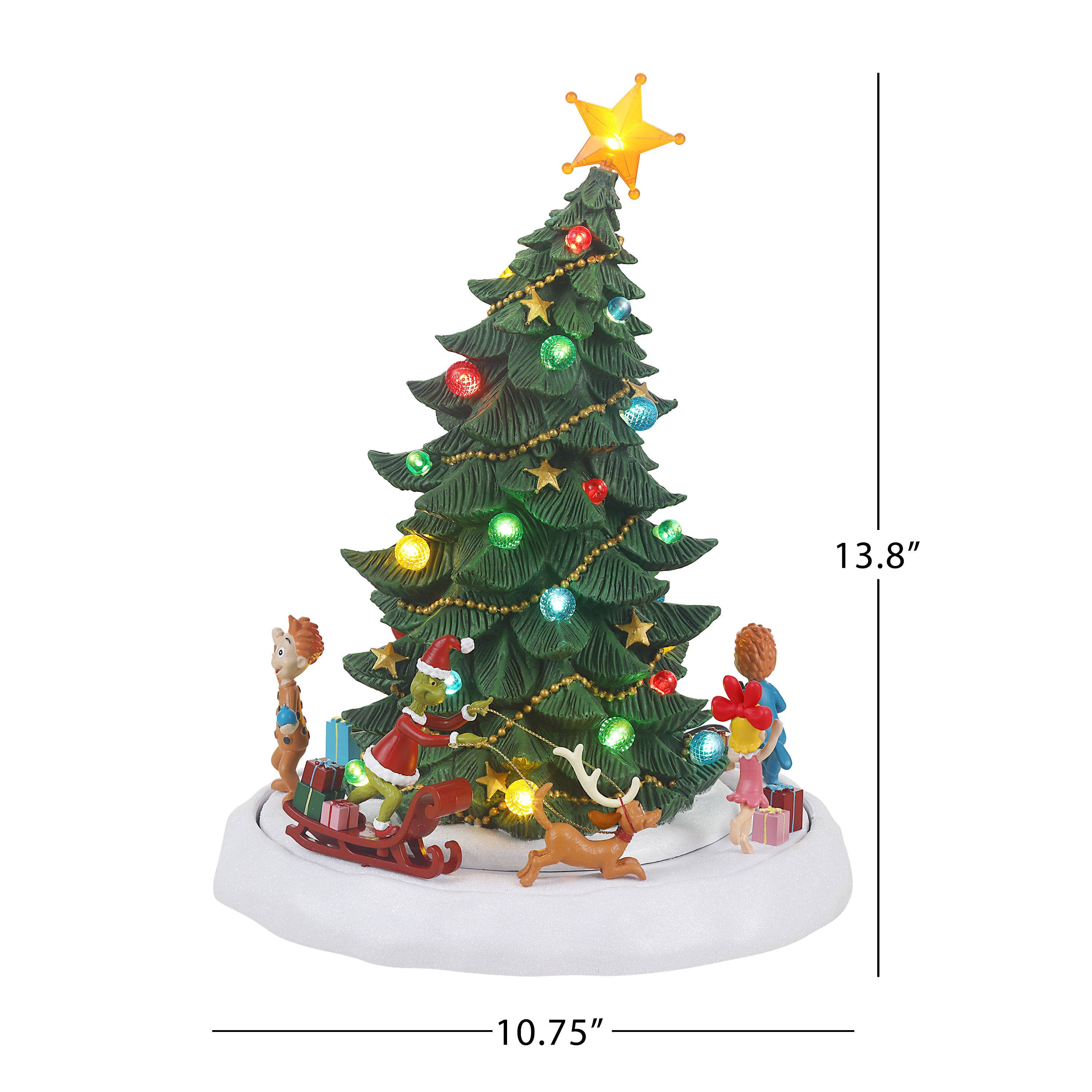 A lit Christmas tree tabletop decoration with Santa, a reindeer, gifts, and small holiday figures around a white base, shown on a white background with dimension lines indicating 13.8 inches tall and 10.