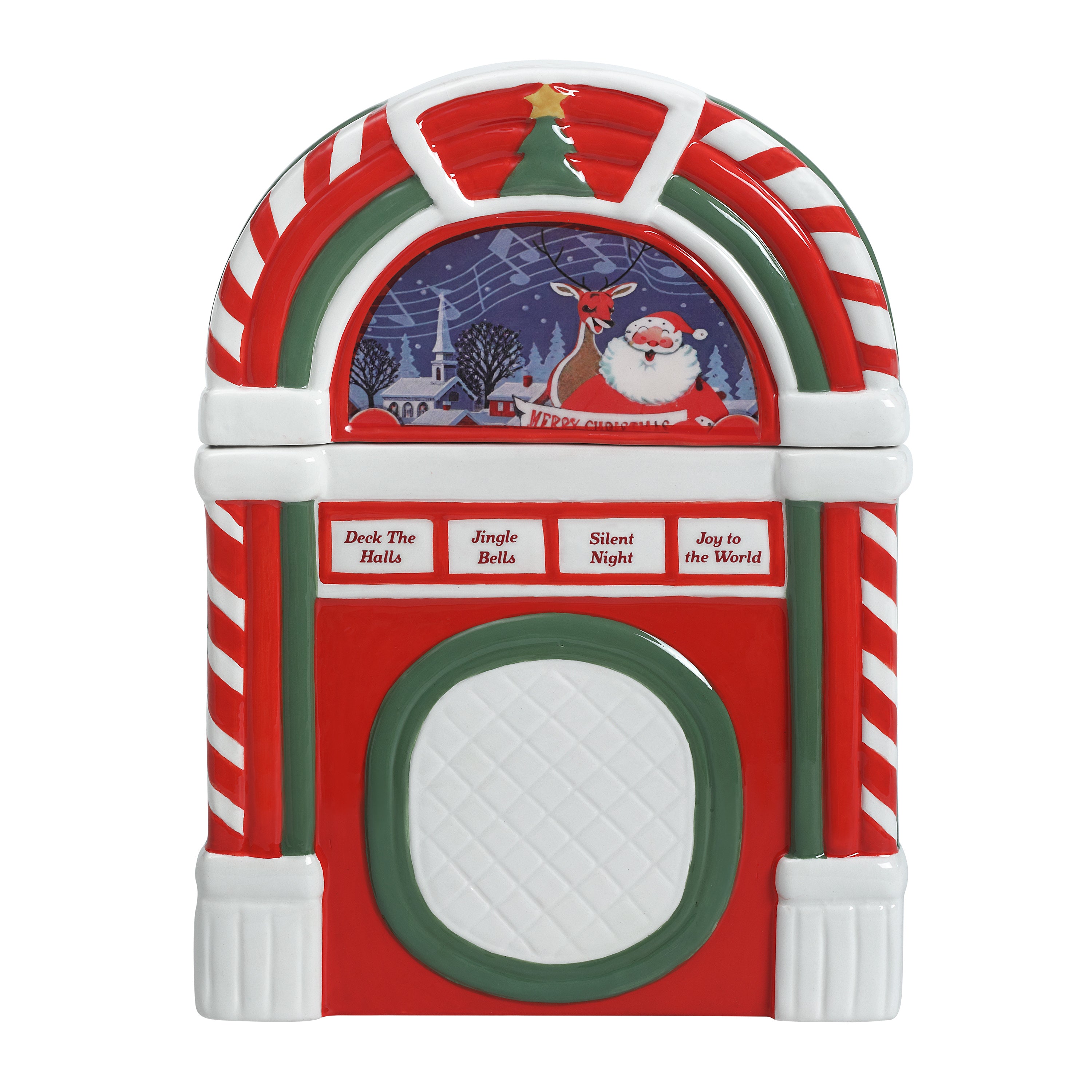 A Christmas-themed jukebox-shaped container or ornament with red, white, and green candy cane stripes, a festive arched top, and a winter scene panel showing Santa and a reindeer above four song labels: 'Deck The Halls,' 'Jingle Bells,' 'Silent Night,' and 'Joy to the World.'.