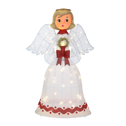 Decorative angel figure with a wreath, white wings, and red accents on a white background