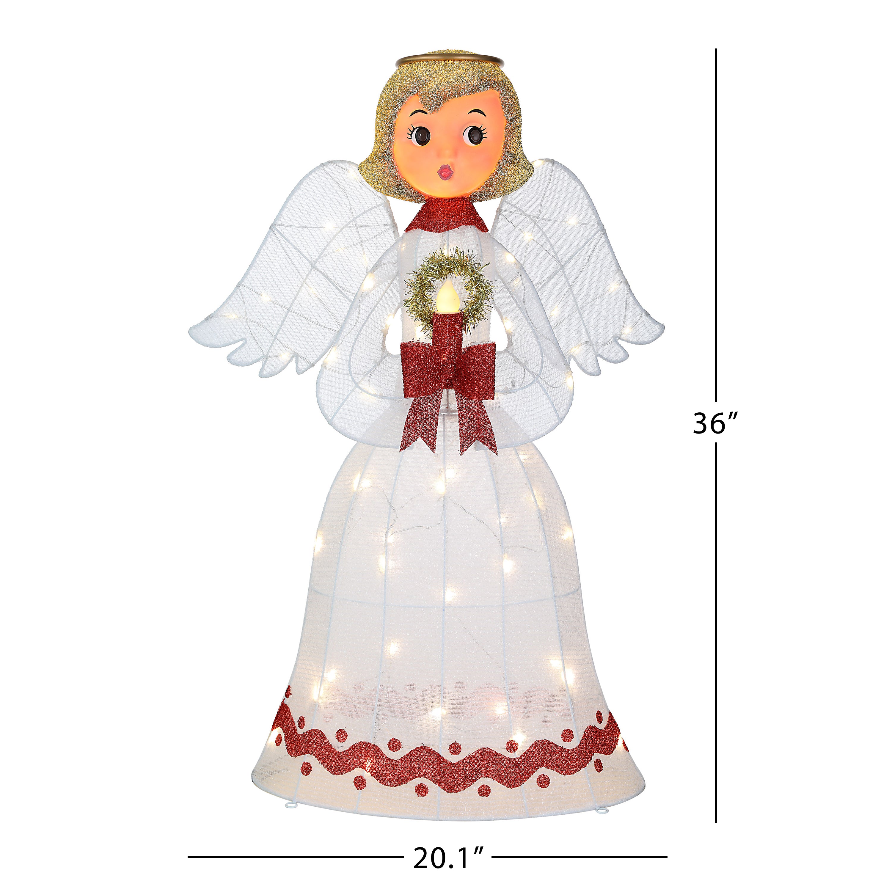 Decorative angel figure with wings and a red bow, standing on a white background with measurements indicated.