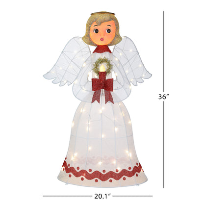 Decorative angel figure with wings and a red bow, standing on a white background with measurements indicated.