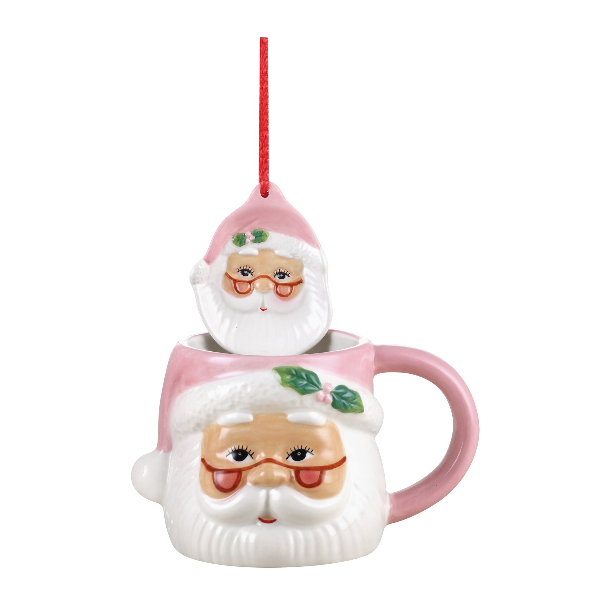 16 oz. Ceramic Santa Mug and Ornament Set - Pink - Mr. Christmas