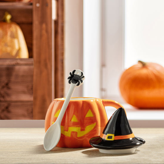 18 oz. Jack - O - Lantern Lidded Mug with Spoon - Mr. Christmas