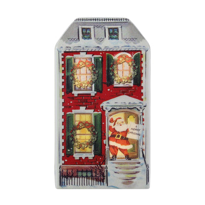 Decorative Christmas card with a house design featuring Santa Claus and festive windows.