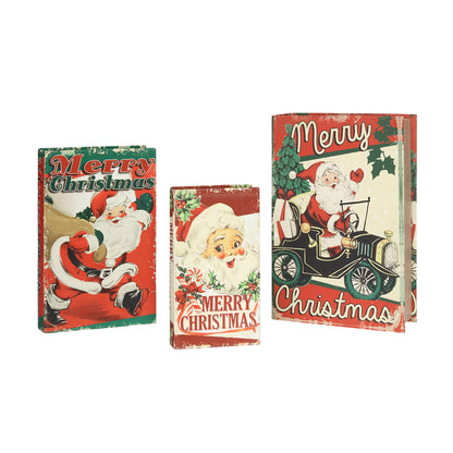 Three vintage-style Christmas book covers displayed on a plain white background, featuring Santa Claus, in different scenes with Merry Christmas text.