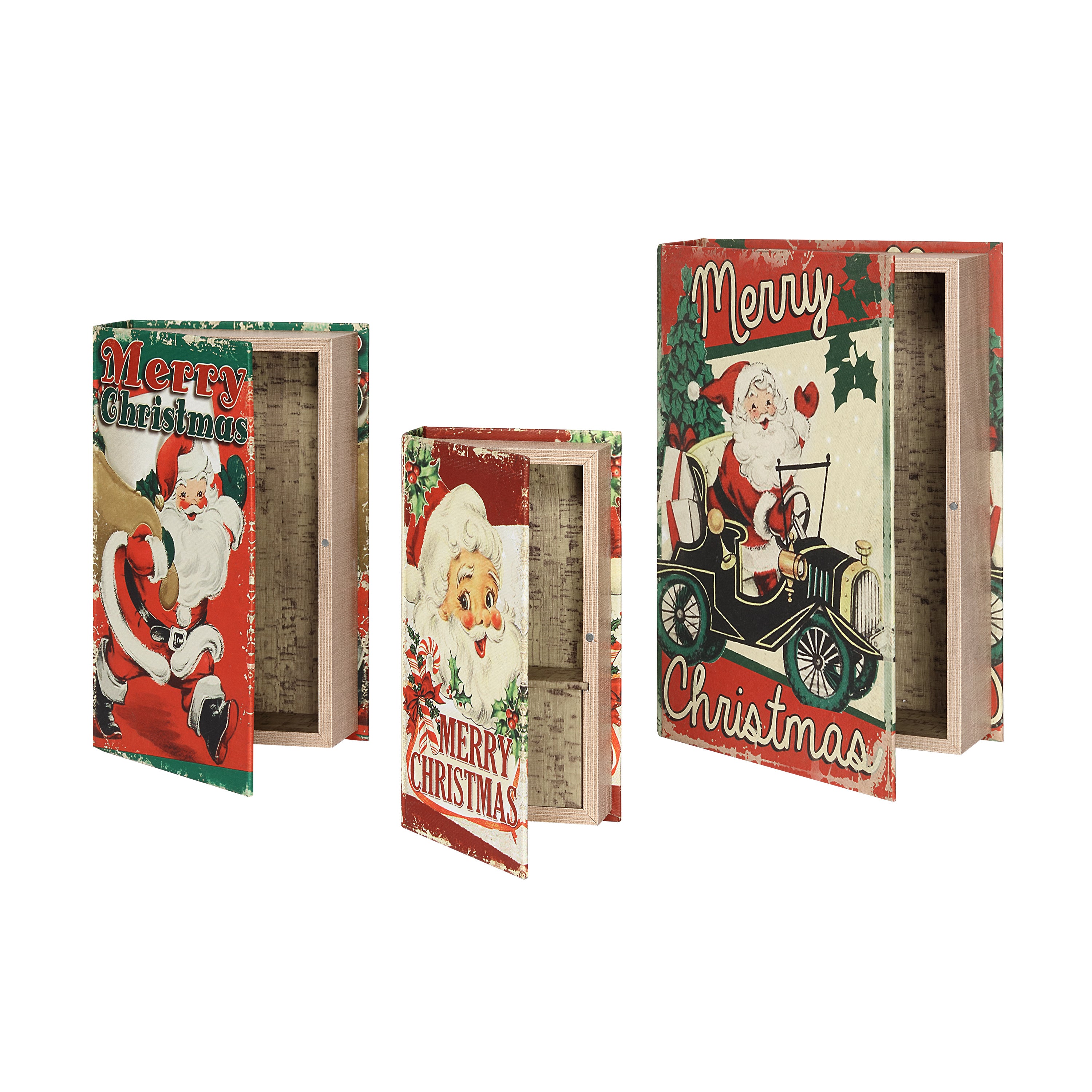 Three vintage-style Christmas music boxes with illustrated covers, including Santa Claus and holiday motifs, displayed on a plain white background.