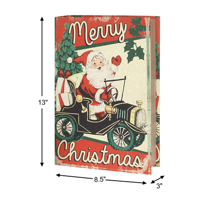 Vintage-style Christmas sign featuring Santa Claus driving a black car with the words “Merry Christmas,” shown with dimension arrows indicating 13 inches tall, 8.5 inches wide, and 3 inches thick on a white background.