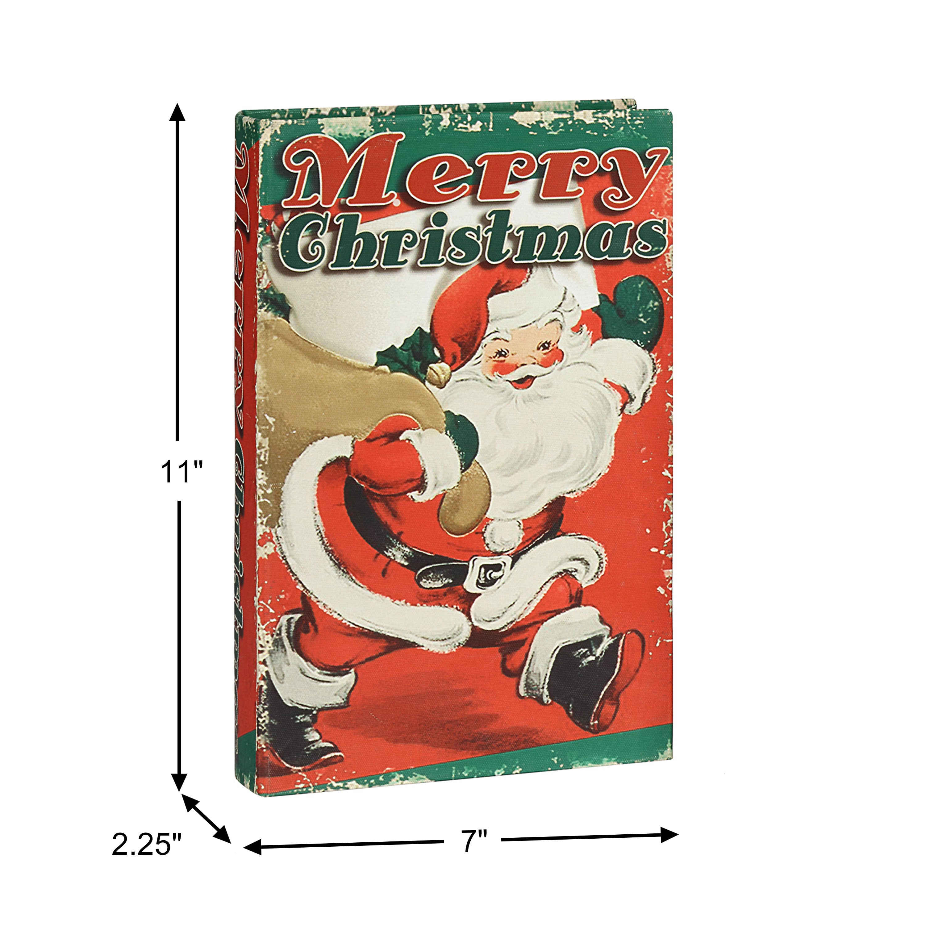 A vintage-style Christmas sign featuring an illustration of Santa Claus carrying a sack, with distressed red, green, white, and orange tones. Black dimension arrows and labels show the sign is approximately 11 inches tall, 7 inches wide, and 2.