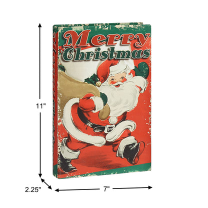 A vintage-style Christmas sign featuring an illustration of Santa Claus carrying a sack, with distressed red, green, white, and orange tones. Black dimension arrows and labels show the sign is approximately 11 inches tall, 7 inches wide, and 2.