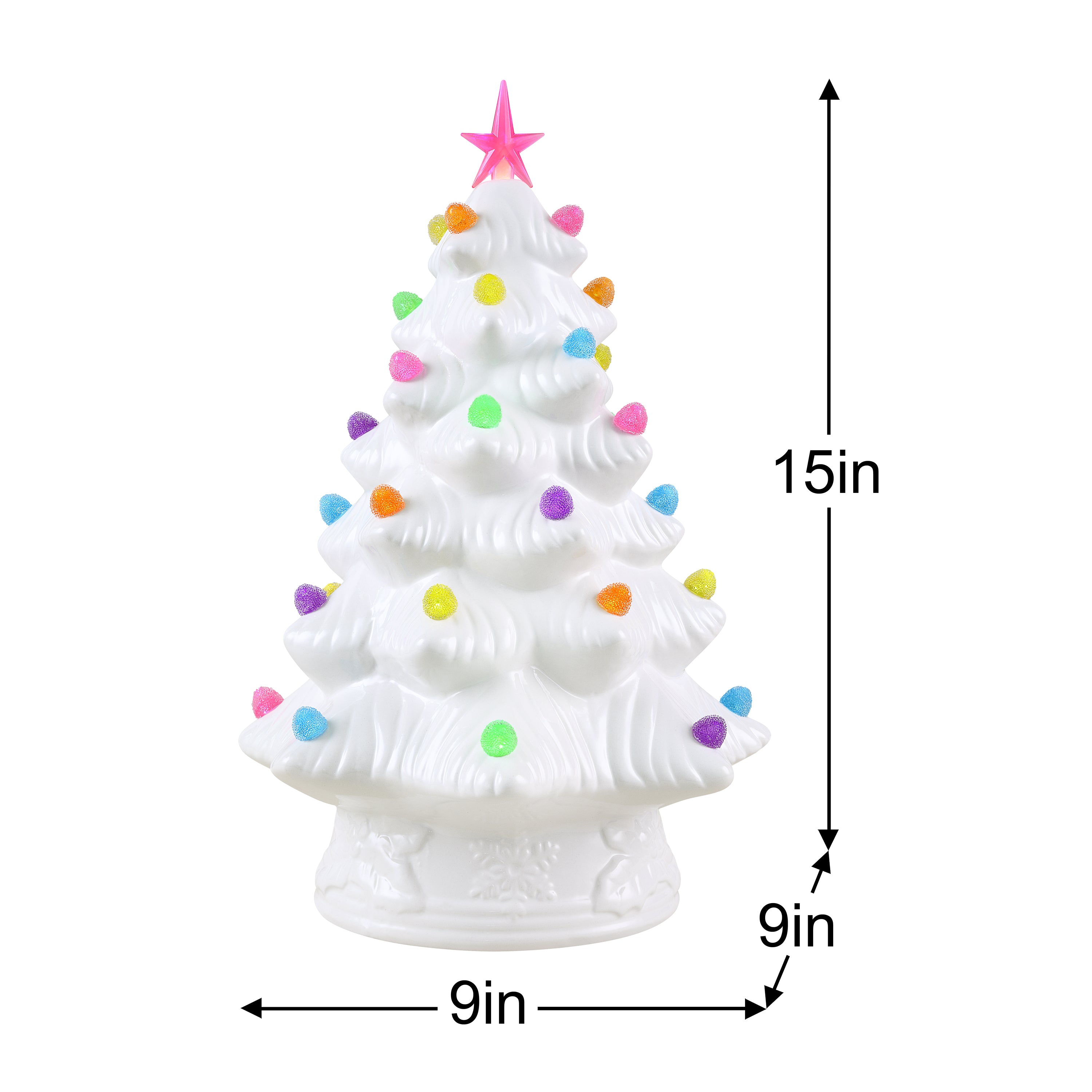 White ceramic Christmas tree with colorful gumdrop lights and a pink star topper, shown with dimension labels indicating 15 inches tall, 9 inches wide, and 9 inches deep on a white background.