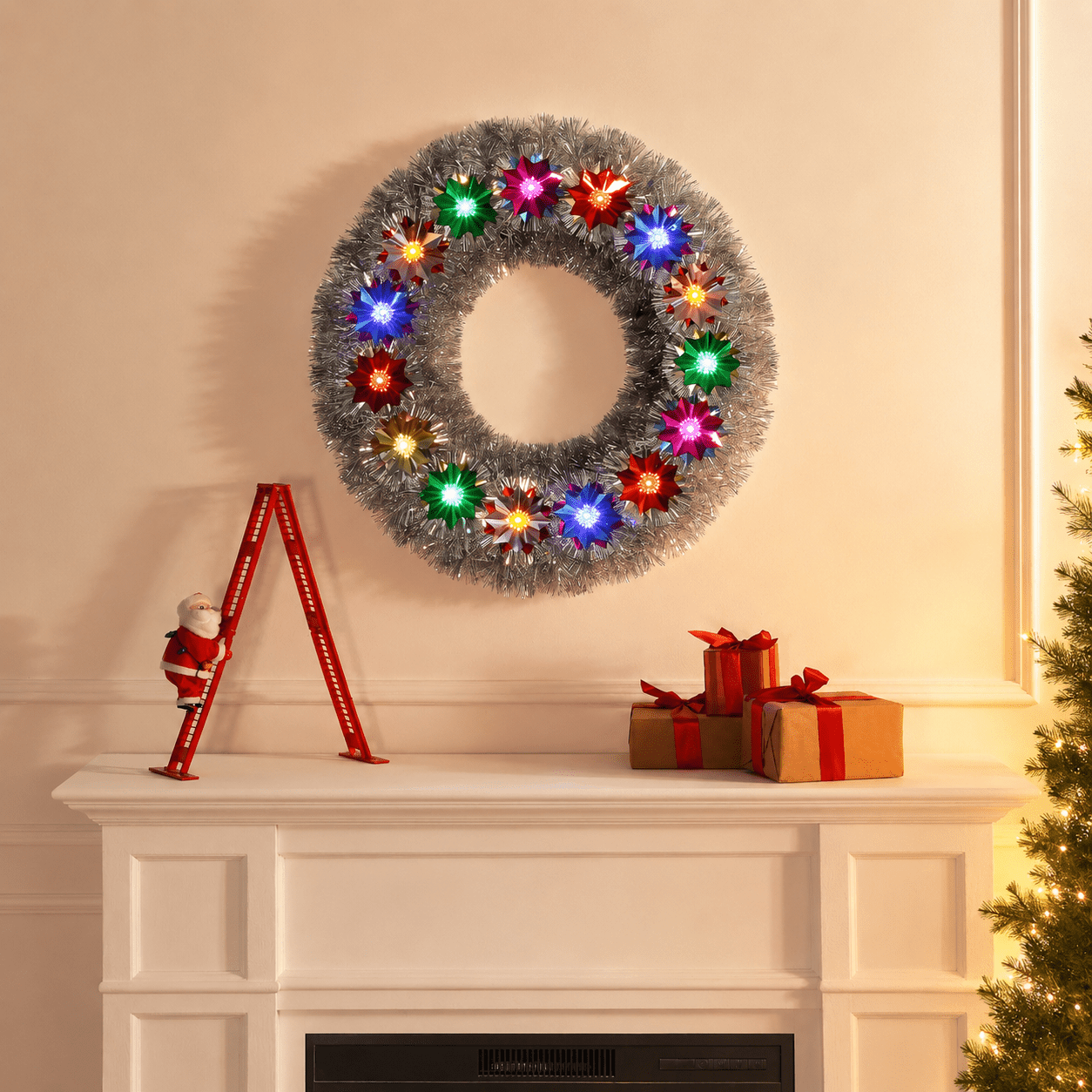 30 in. Tinsel Wreath with Flower Pom-poms - Mr. Christmas