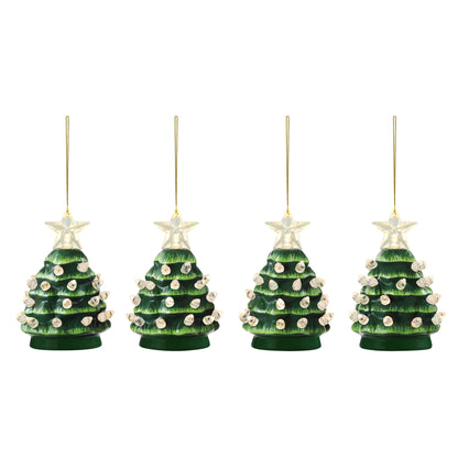 4 in. Set of 4 Nostalgic Ceramic Tree Ornaments - Green with Clear Bulbs - Mr. Christmas