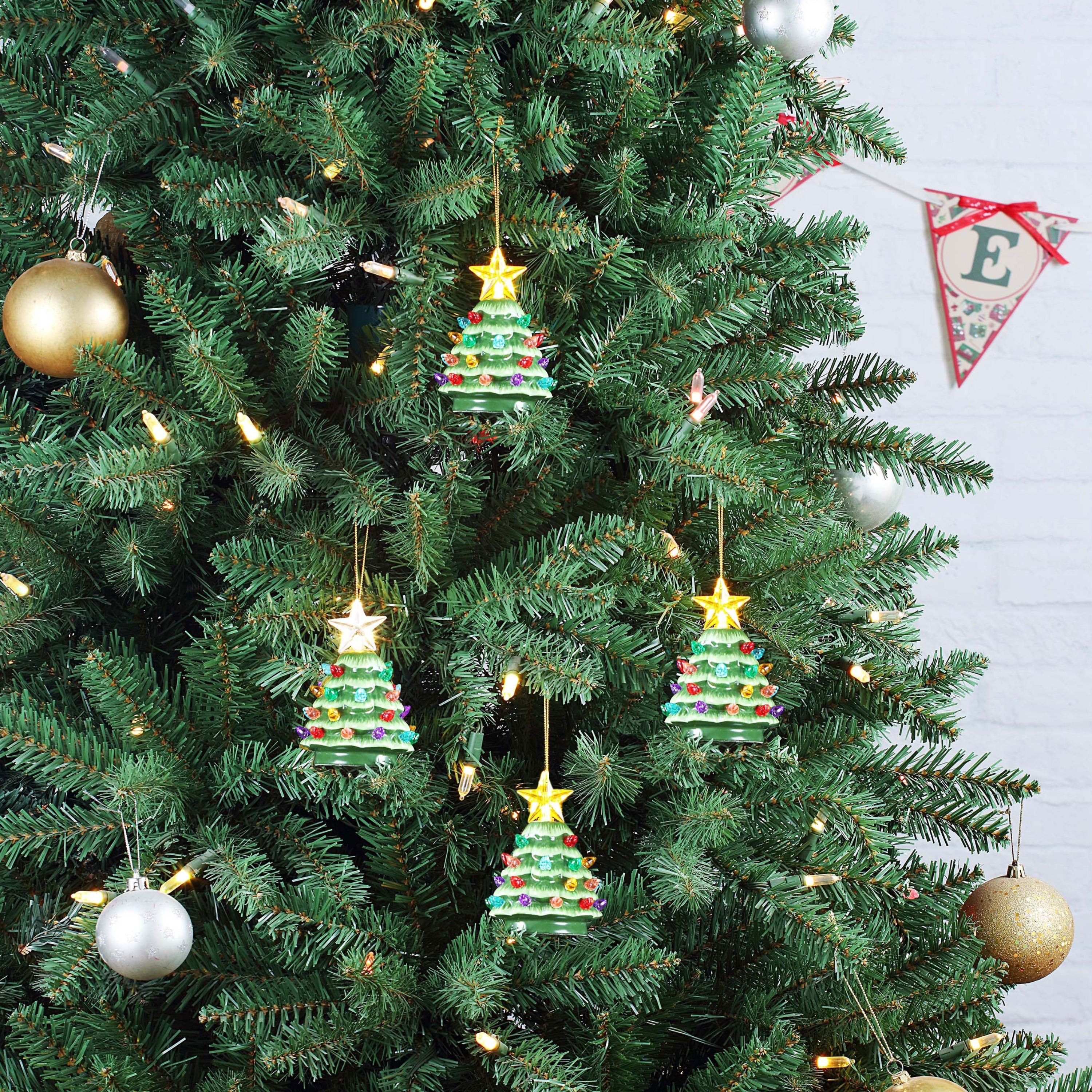 4 in. Set of 4 Nostalgic Ceramic Tree Ornaments - Green with Multicolored Bulbs - Mr. Christmas