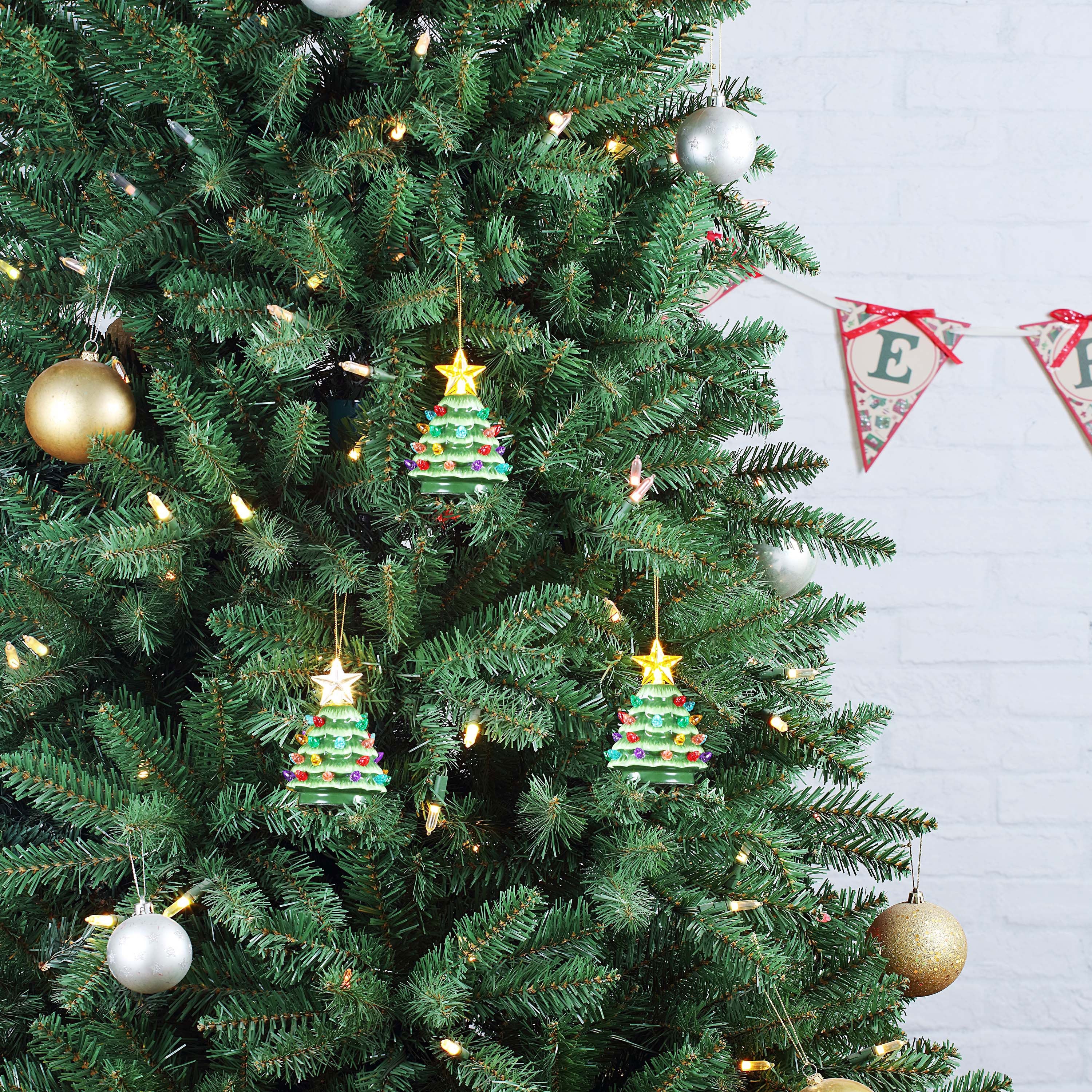 4 in. Set of 4 Nostalgic Ceramic Tree Ornaments - Green with Multicolored Bulbs - Mr. Christmas