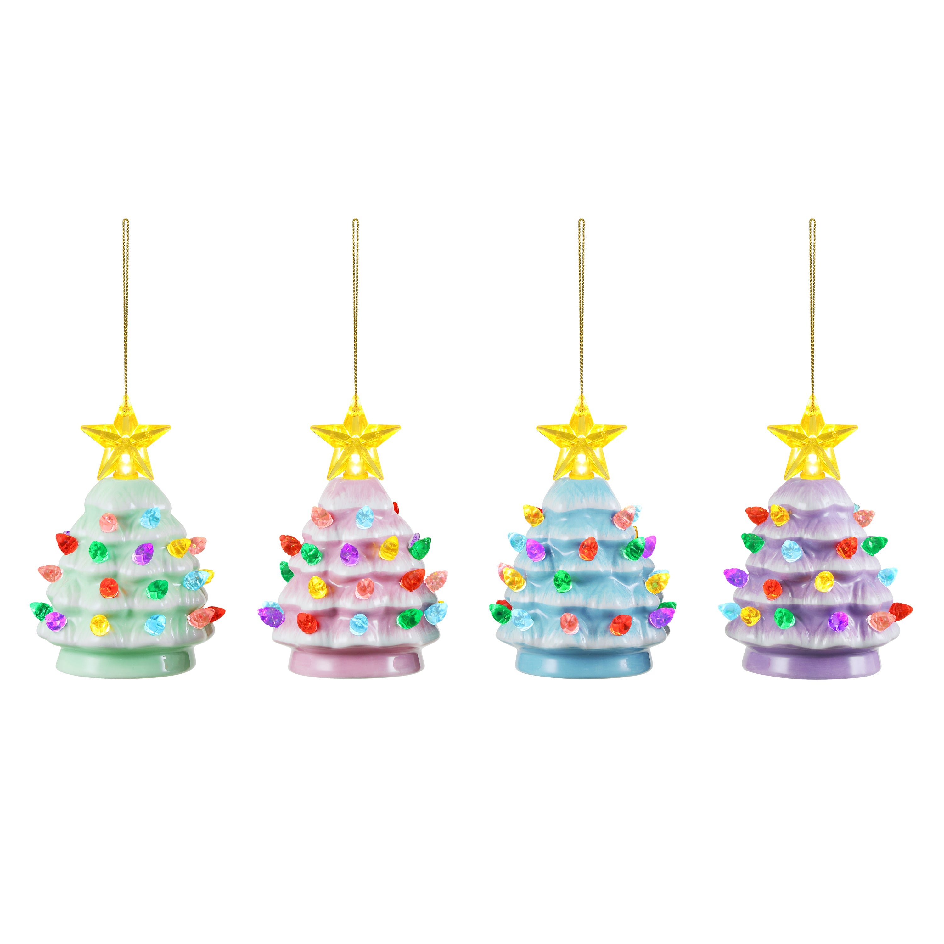 4 in. Set of 4 Nostalgic Ceramic Tree Ornaments - Pastel with Multicolored Bulbs - Mr. Christmas