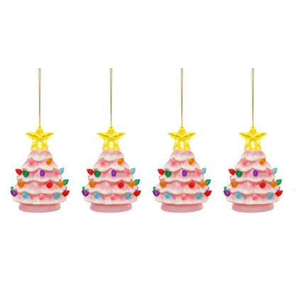 4 in. Set of 4 Nostalgic Ceramic Tree Ornaments - Pink with Multicolored Bulbs - Mr. Christmas