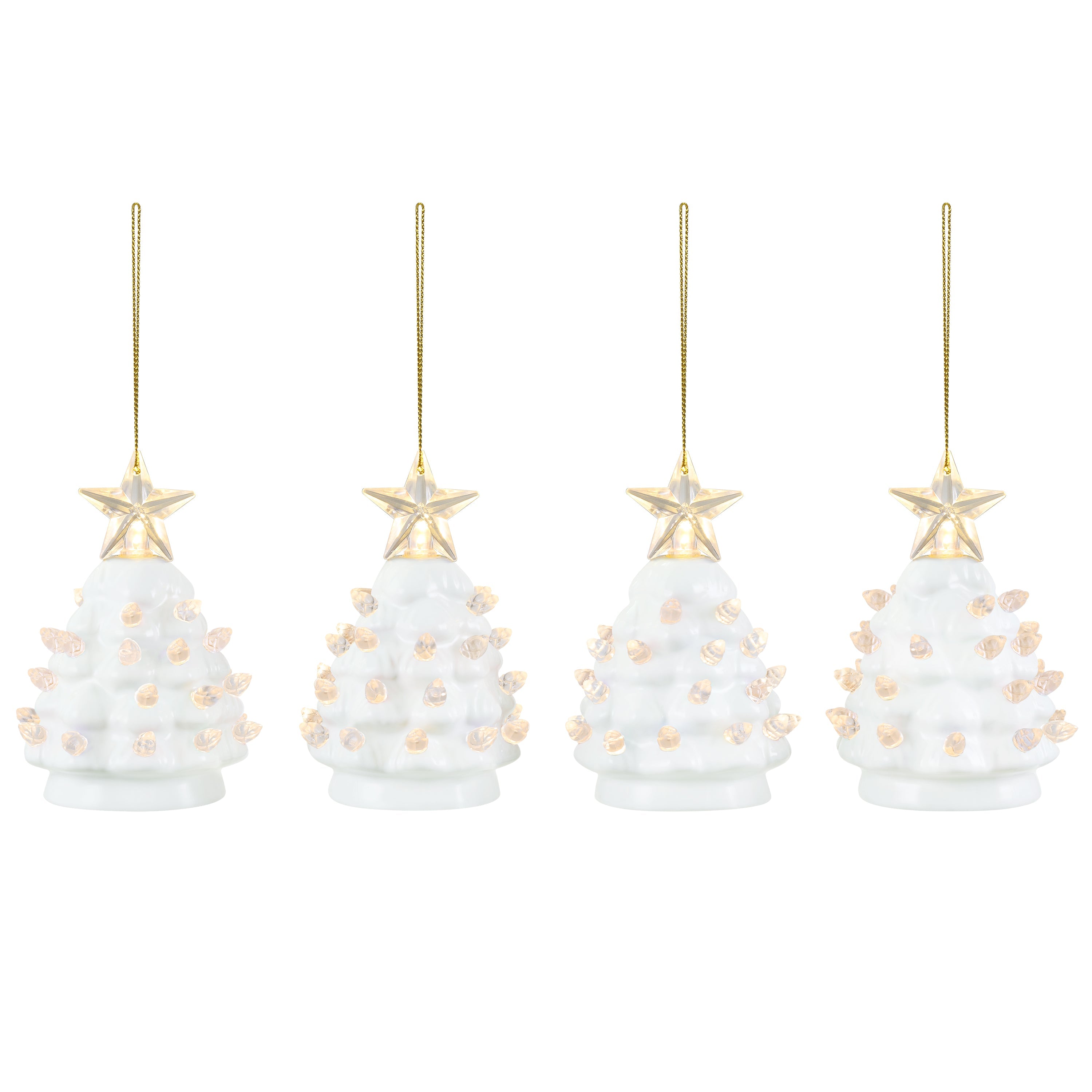 4 in. Set of 4 Nostalgic Ceramic Tree Ornaments - White with Clear Bulbs - Mr. Christmas