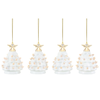 4 in. Set of 4 Nostalgic Ceramic Tree Ornaments - White with Clear Bulbs - Mr. Christmas