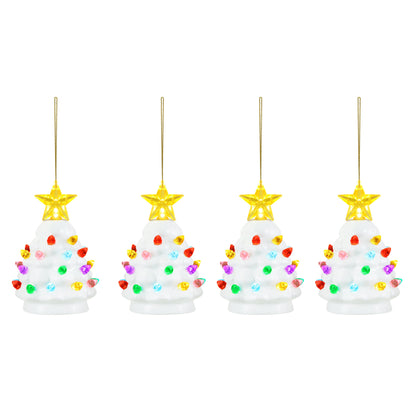 4 in. Set of 4 Nostalgic Ceramic Tree Ornaments - White with Multicolored Bulbs - Mr. Christmas