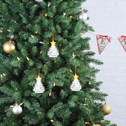 4 in. Set of 4 Nostalgic Ceramic Tree Ornaments - White with Multicolored Bulbs - Mr. Christmas