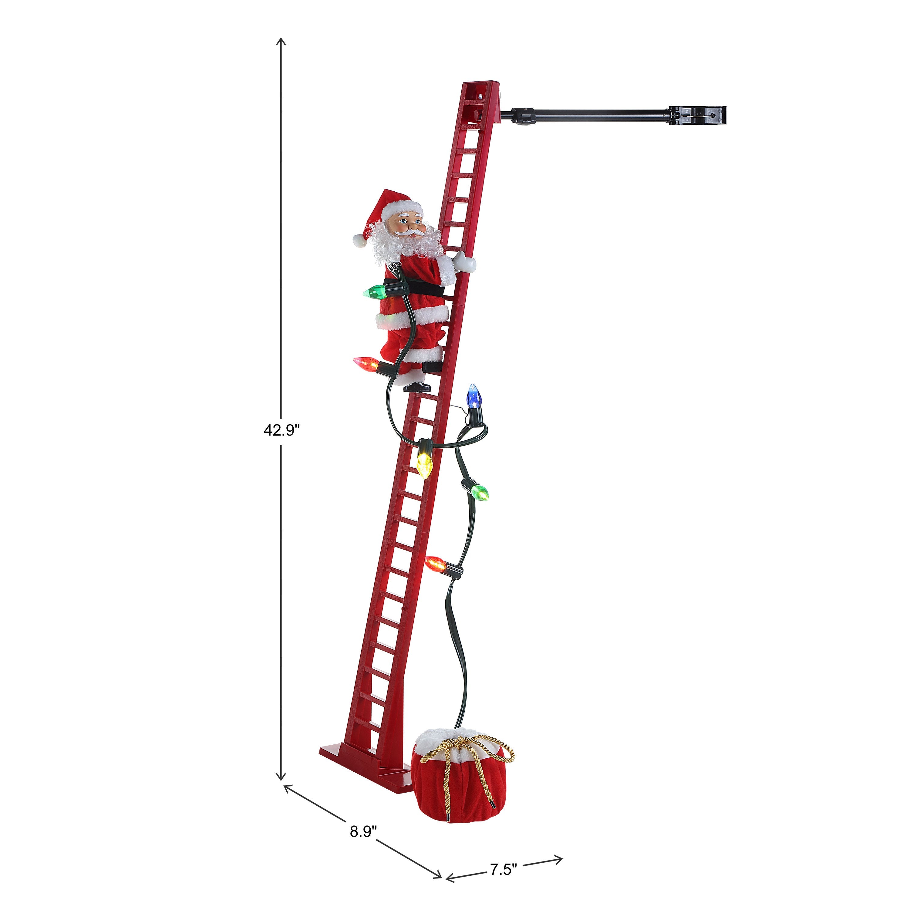 Mr. Christmas 43" Animated Super Climbing Sculpted White Santa dimensions image showing length, width, and height