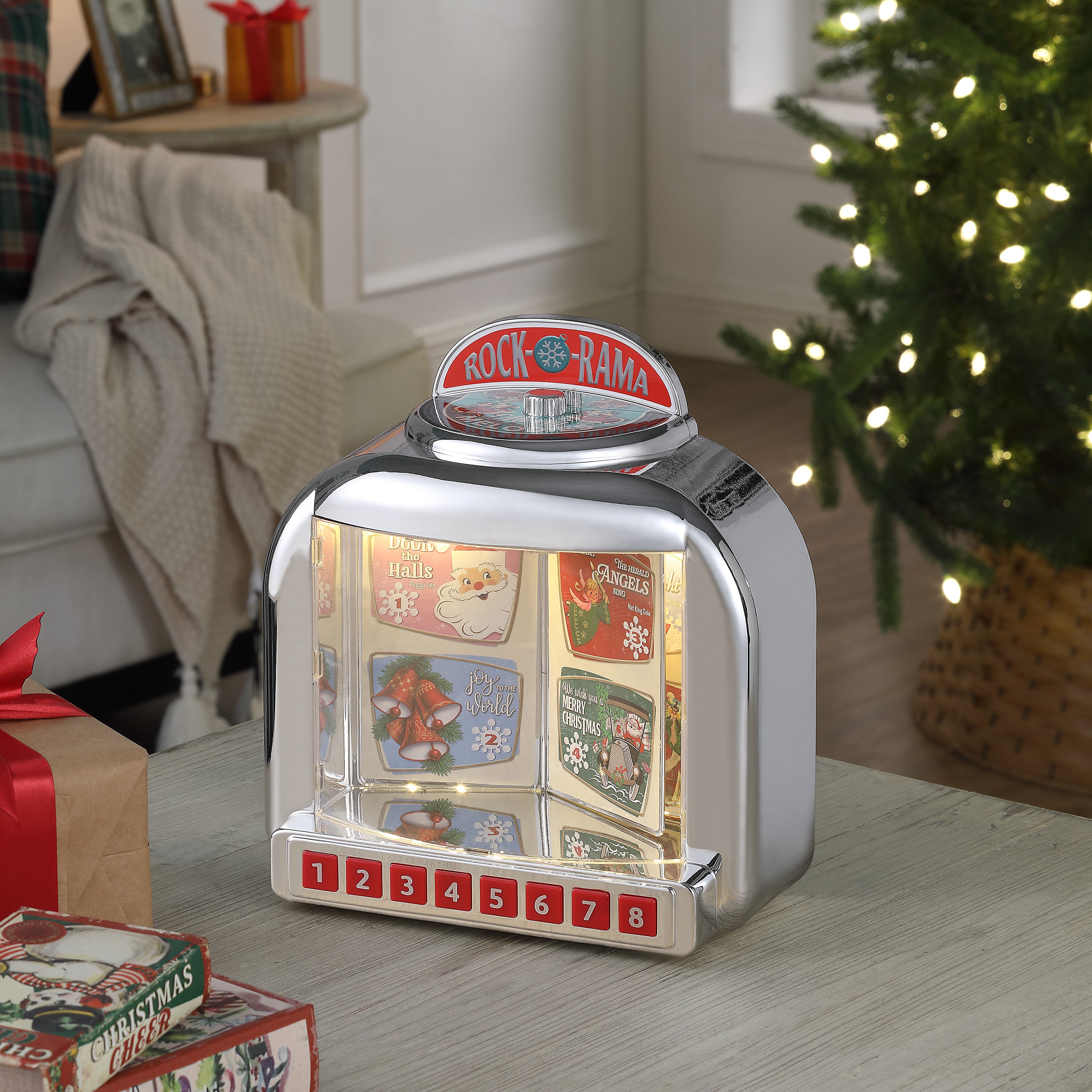 Retro diner jukebox in a festive christmas setting