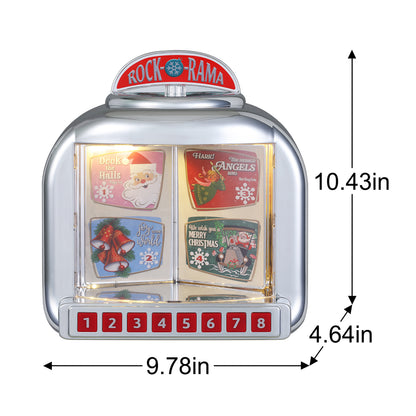 A silver retro-style toy jukebox with Christmas-themed card displays inside and dimension labels showing 10.43 inches tall, 9.