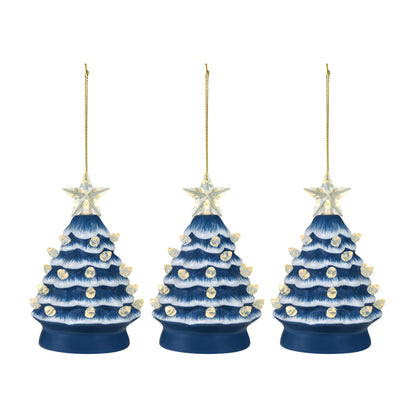 5 in. Set of 3 Nostalgic Ceramic Tree Ornament - Blue with White Bulbs - Mr. Christmas