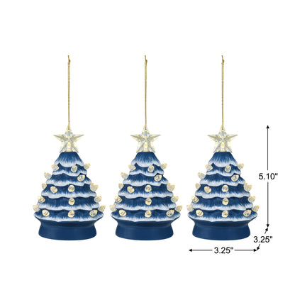 5 in. Set of 3 Nostalgic Ceramic Tree Ornament - Blue with White Bulbs - Mr. Christmas