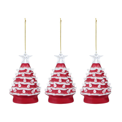 5 in. Set of 3 Nostalgic Ceramic Tree Ornament - Red with White Bulbs - Mr. Christmas