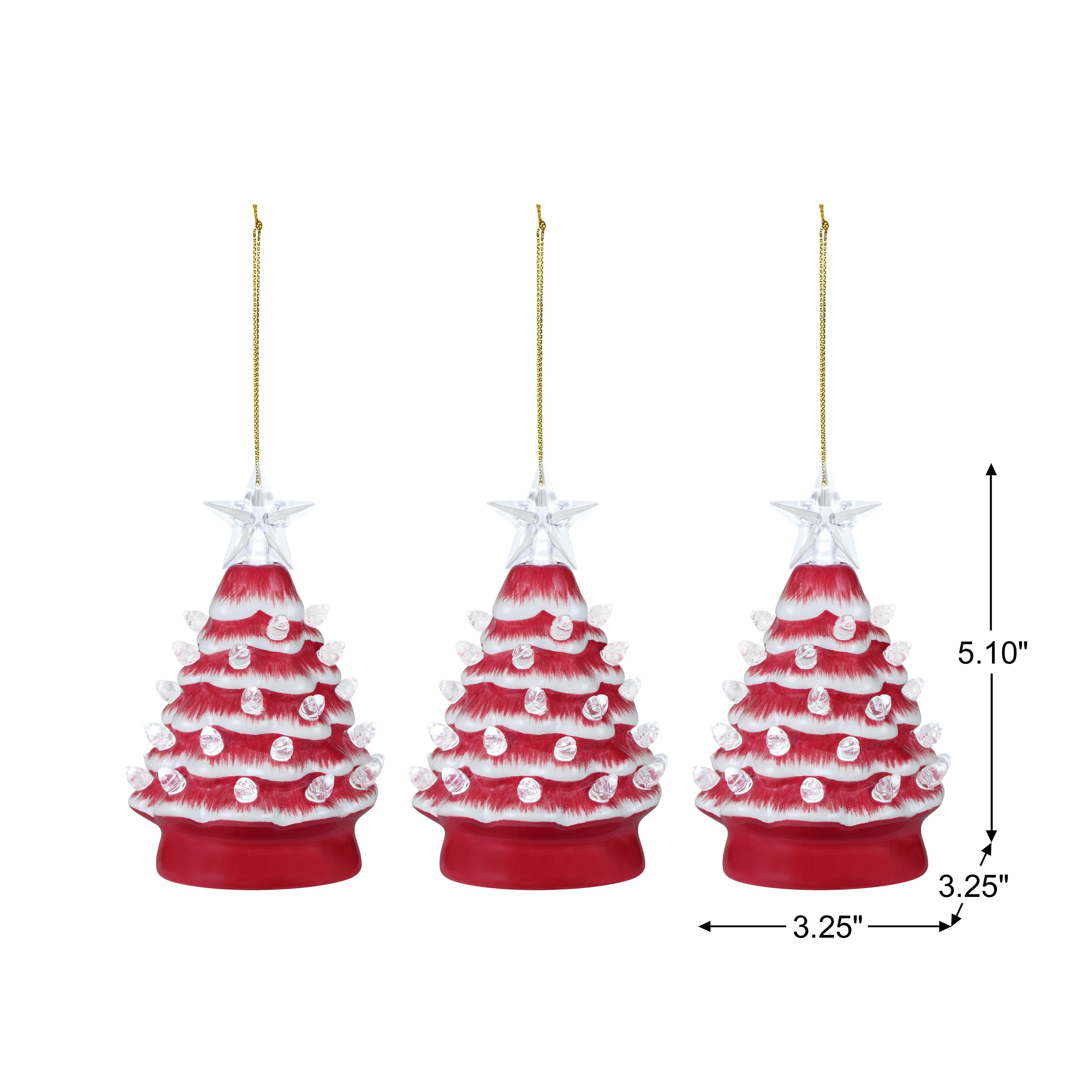 5 in. Set of 3 Nostalgic Ceramic Tree Ornament - Red with White Bulbs - Mr. Christmas