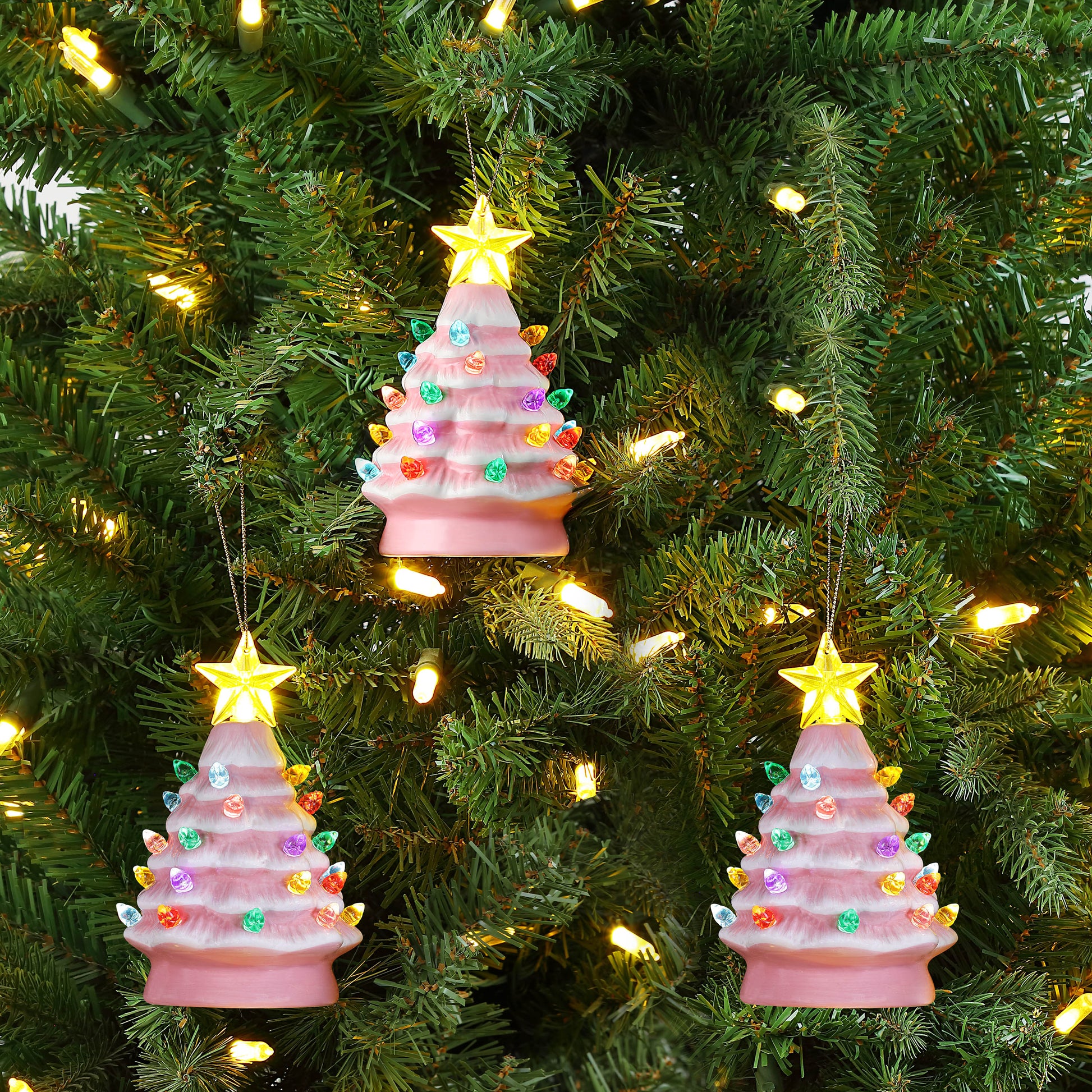 5 in. Set of 3 Nostalgic Ceramic Tree Ornaments - Pink - Mr. Christmas