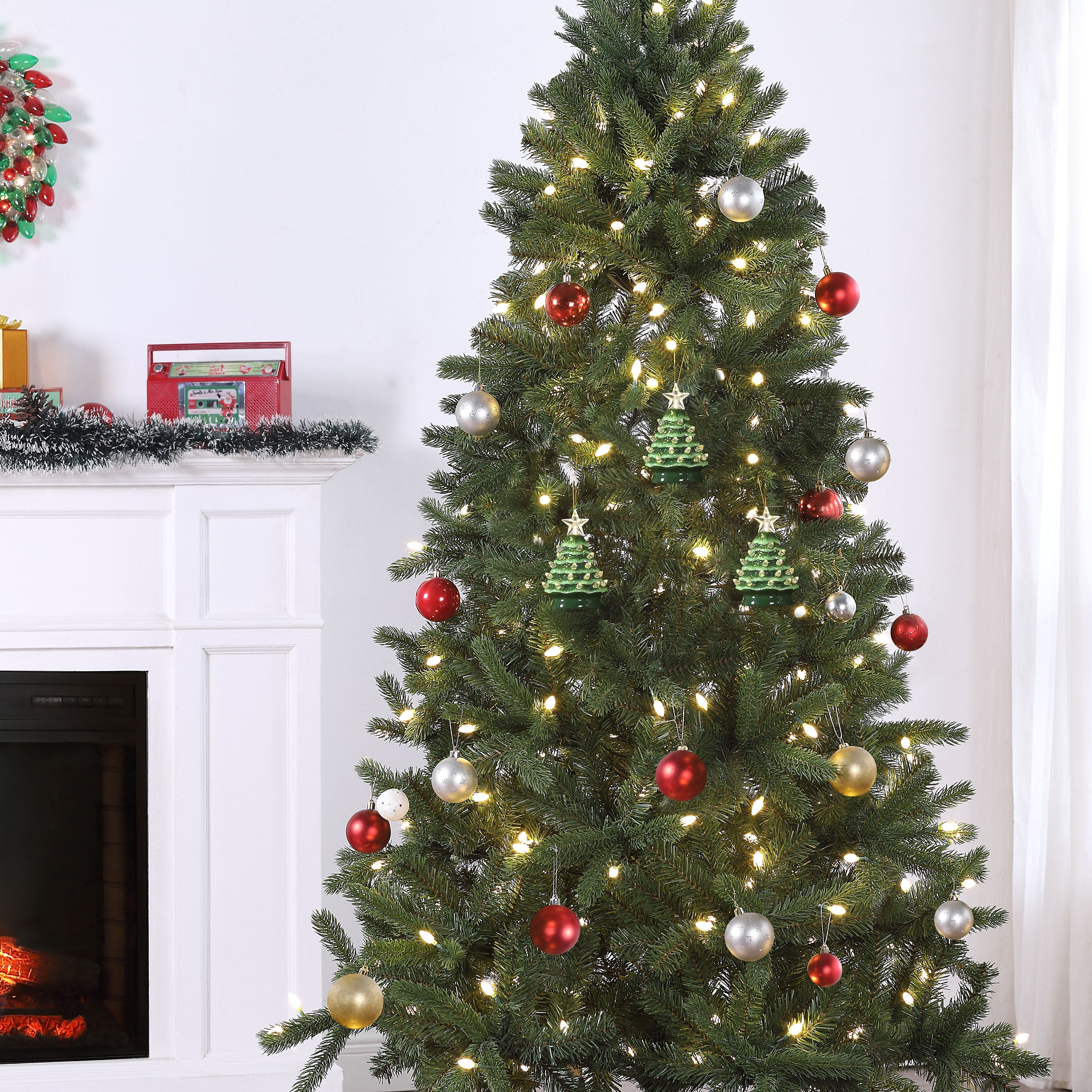 5 in. Set of Nostalgic Ceramic Tree Ornament - Green with White Bulbs - Mr. Christmas