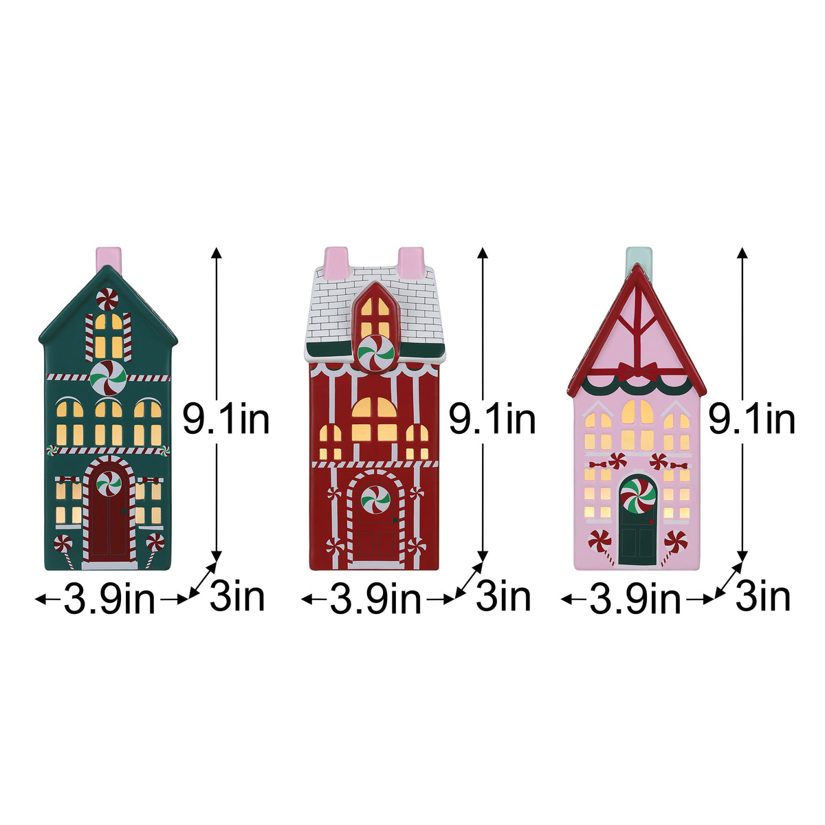 9 in. Set of 3 Ceramic Illuminated Flat Houses - Mr. Christmas