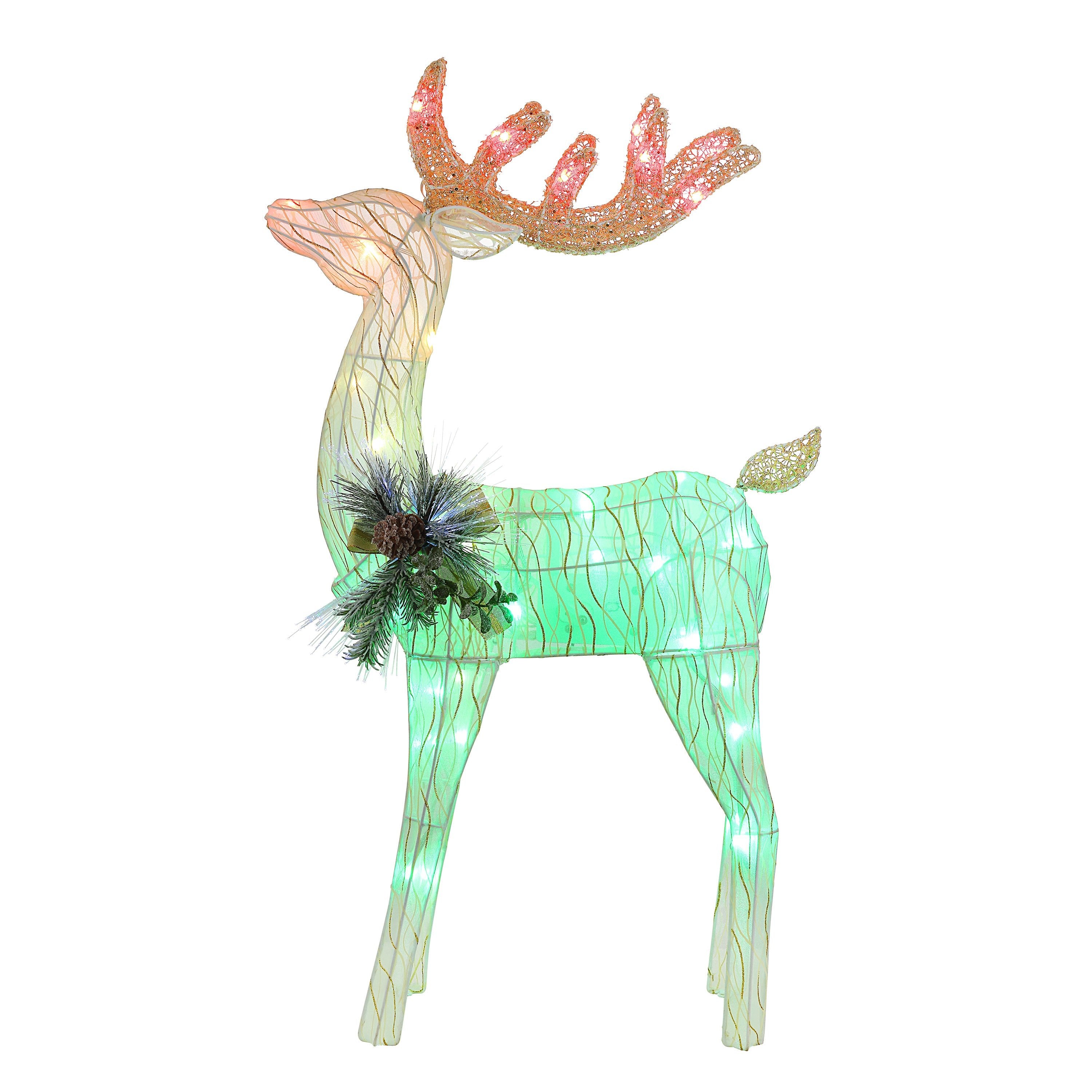 Mr. Christmas 3 ft. Animated Fiber-Optic Reindeer main image lit up with green and white LED lights