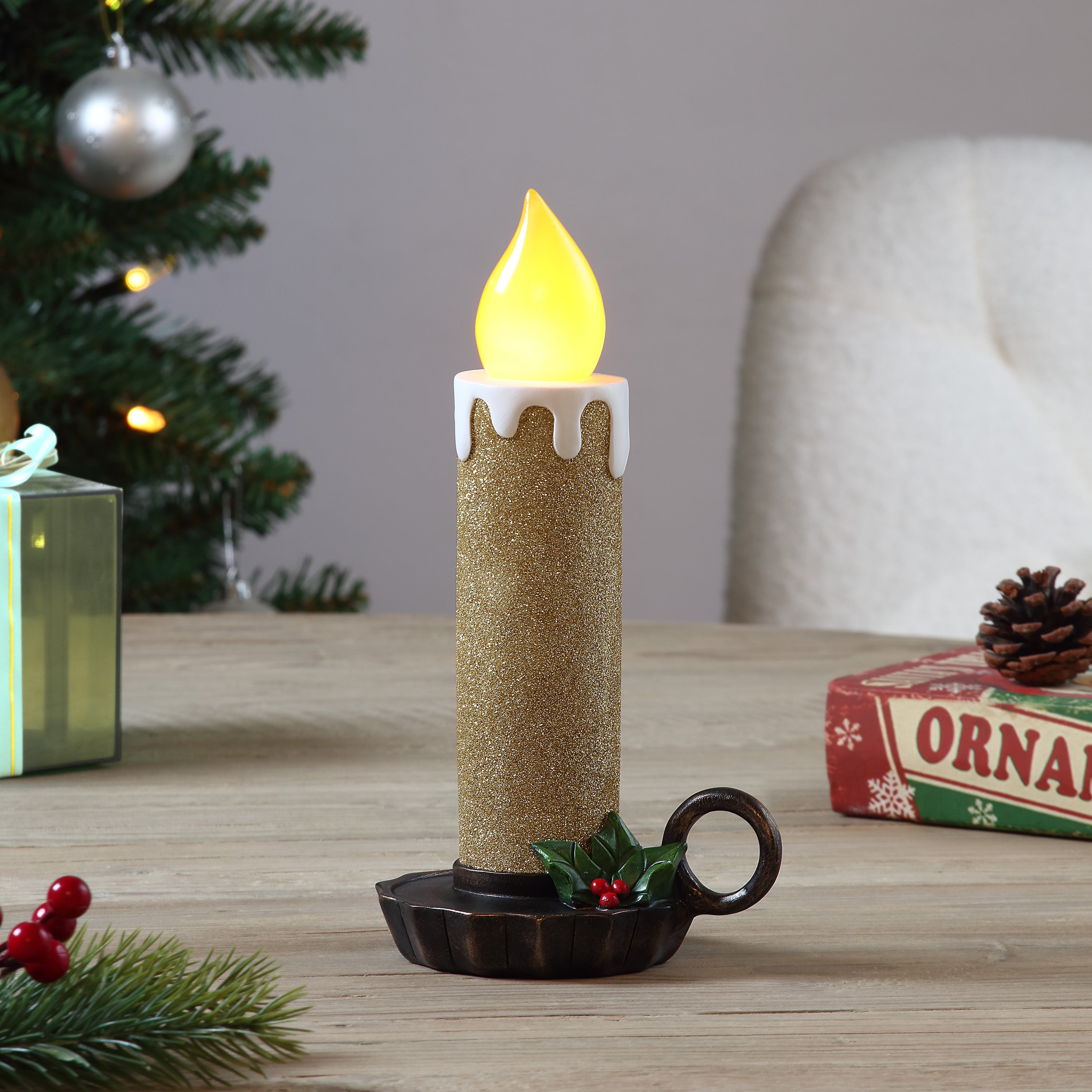 Lit 10 in. Chamberstick Candle - Glitter Gold - Mr. Christmas