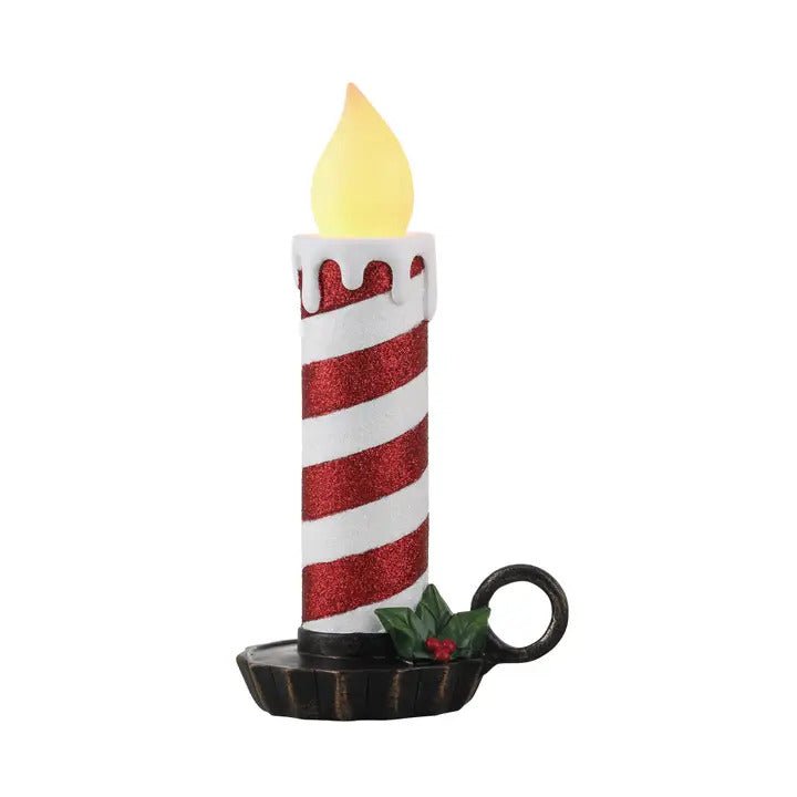 Lit 10 in. Chamberstick Candle - Glitter Red and White - Mr. Christmas