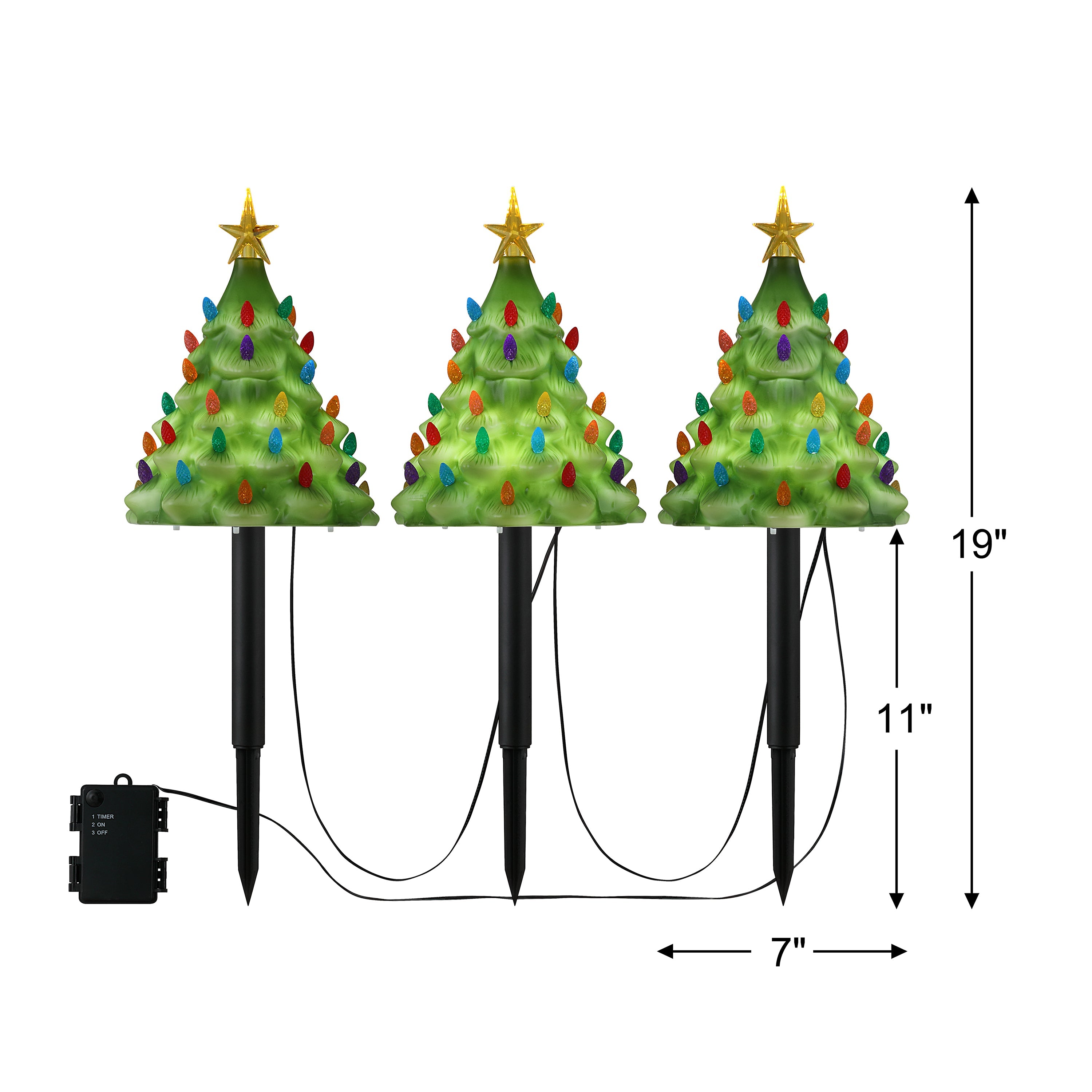 Dimensions for Mr. Christmas Blow Mold Pathway Trees showing each tree is approximately 9 inches tall by 7 inches wide, not including stake.